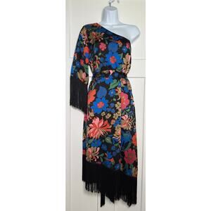 Fate Dress Black Floral with Fringe Blue Orange Pink One‎ Shoulder Sz L